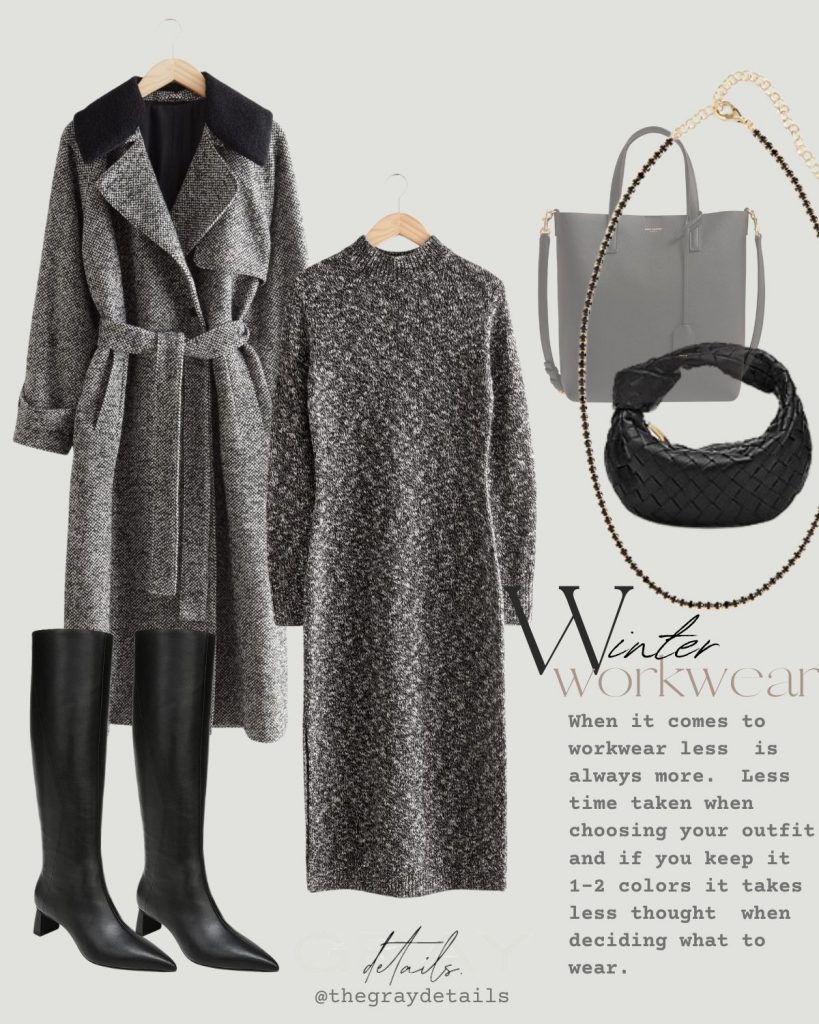 Grey Sweater Dress and Wool Coat Outfit Grey Sweater Dress and Wool Coat Outfit - Monochrome Outfit Ideas For Winter