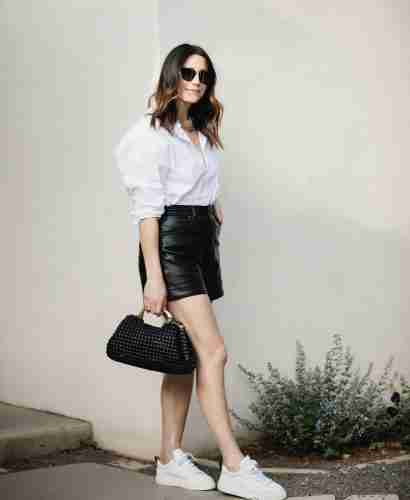 White Button Up + Black Leather Shorts Outfit