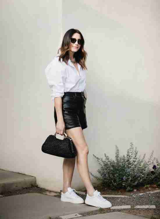 White Button Up + Black Leather Shorts Outfit