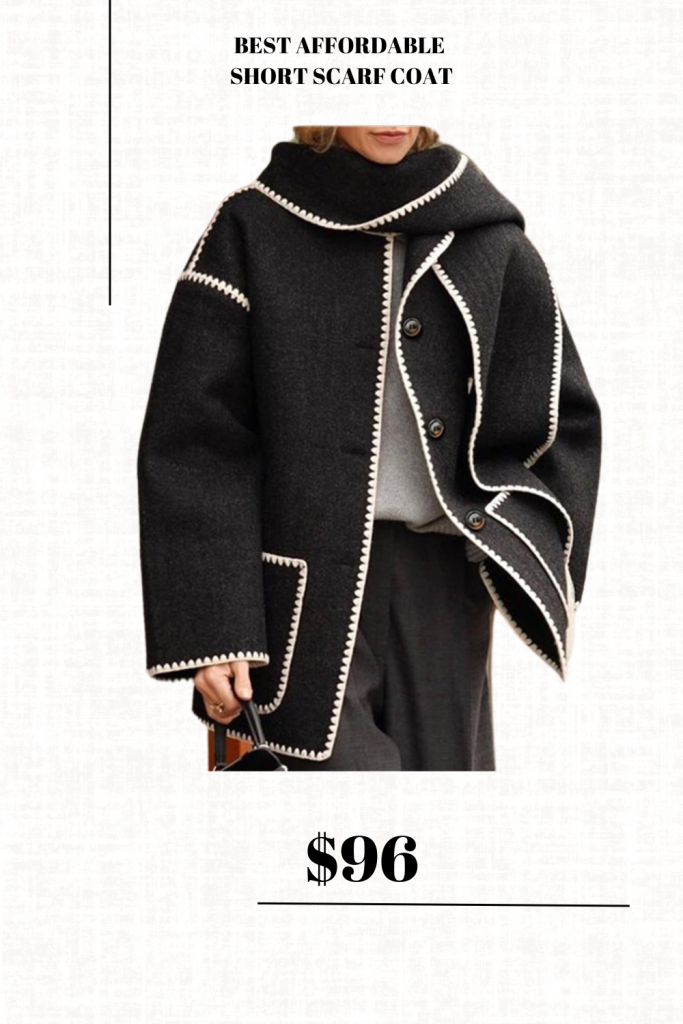 Black Contrast Drop Shoulder Wool-Blend Tweed Coat with Scarf