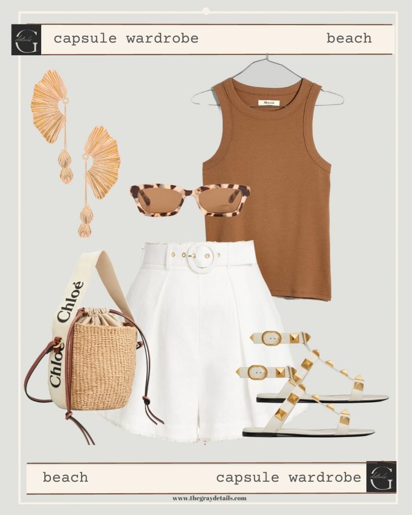 tan tank top and white shorts