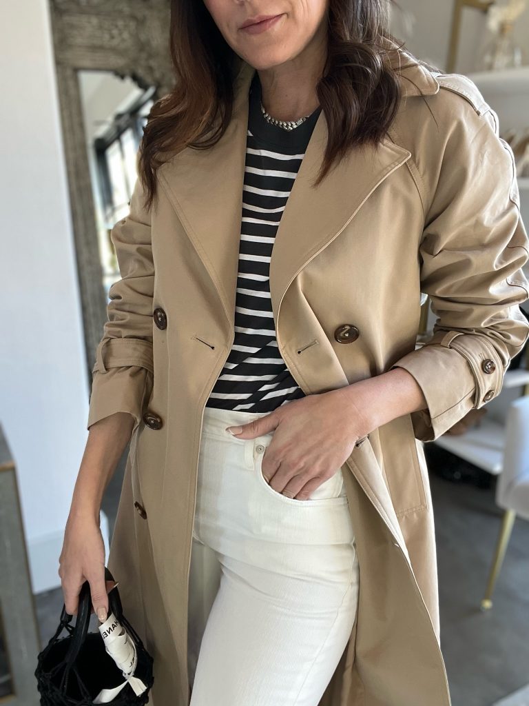 striped shirt outfits with trench coat