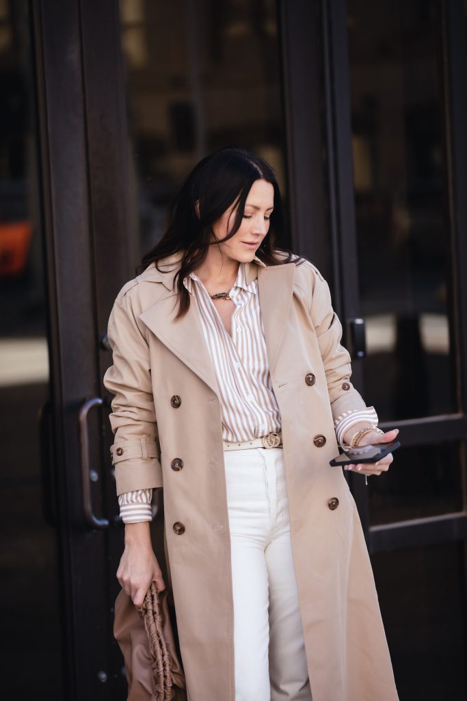striped shirt outfits with trench coat