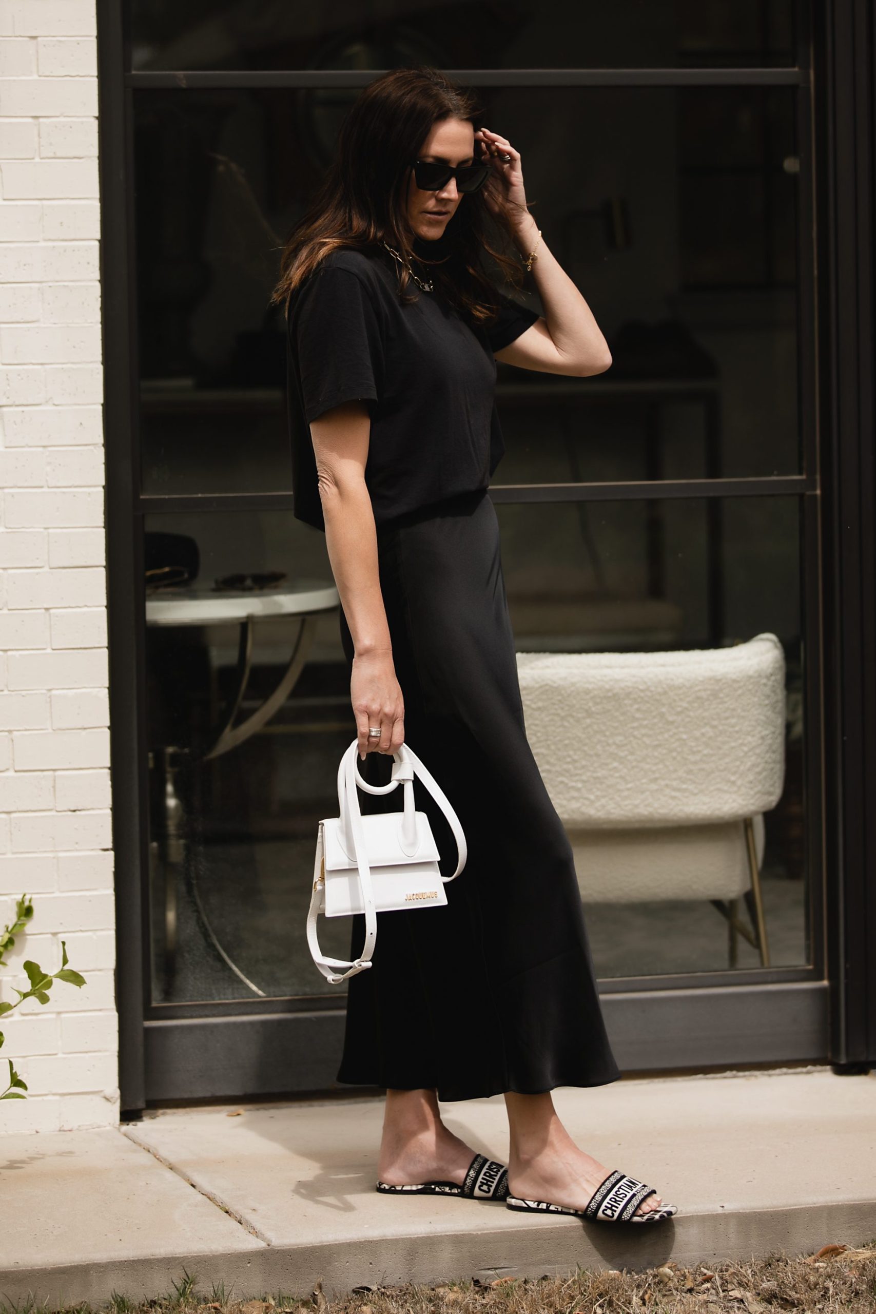 Black tee and slip skirt outfit
