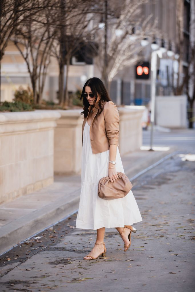 Cropped Tan Leather Jacket with a dress