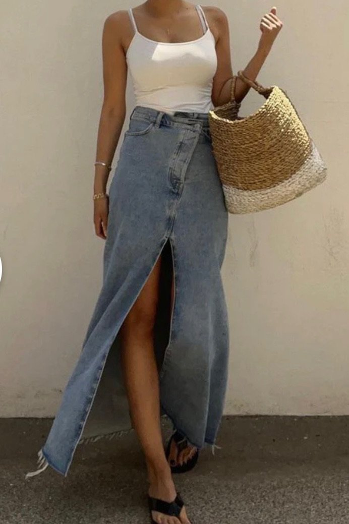 Long Denim Skirt Outfit Ideas - the gray details