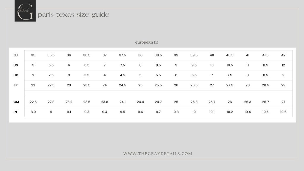 Paris Texas Size Guide