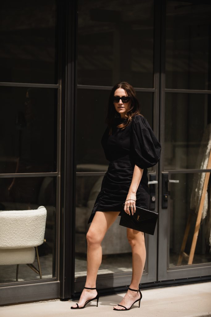 little black dress and heeled sandals
