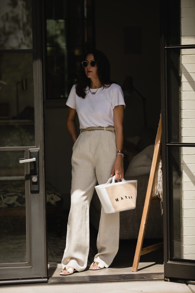 White T-Shirt + Brown Trouser Outfit Idea