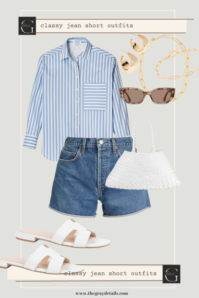 Blue and White Button-Down with denim shorts