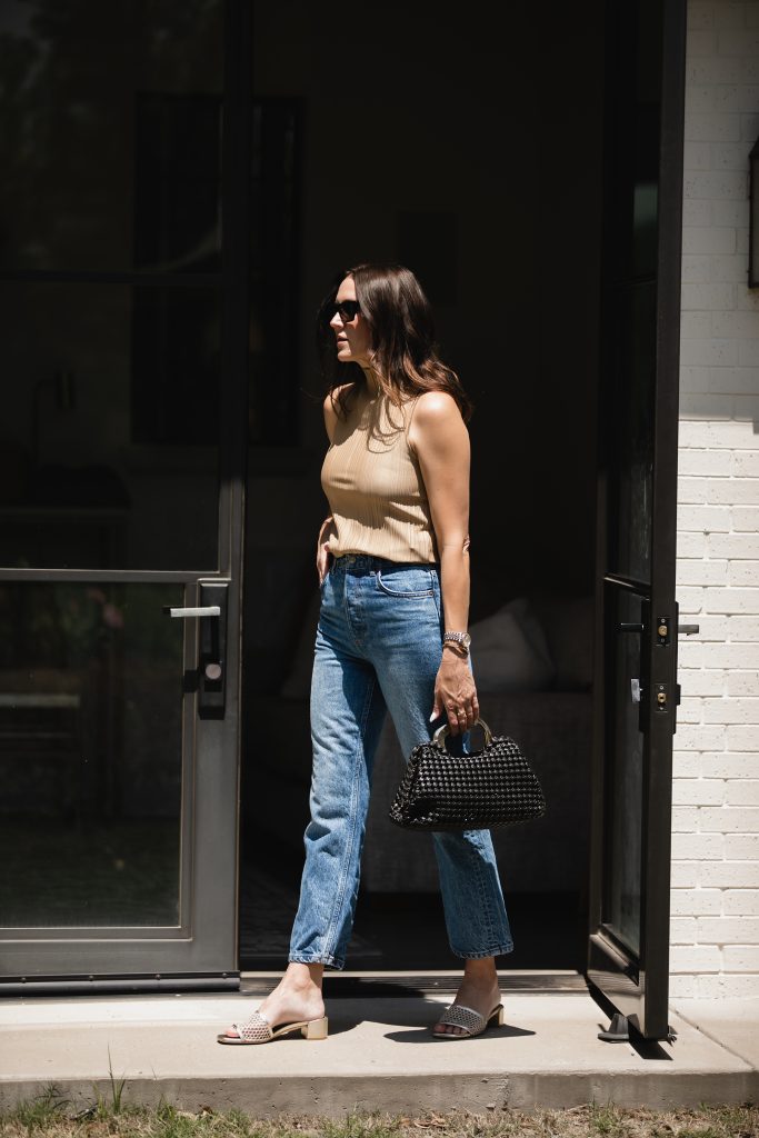 High-Waisted Mom Jean + Tan Plisse Top
