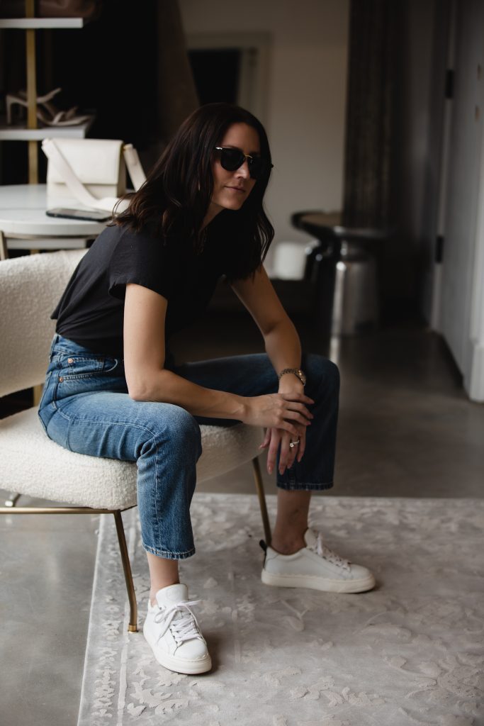 Blue Mom Jean + Black T-Shirt