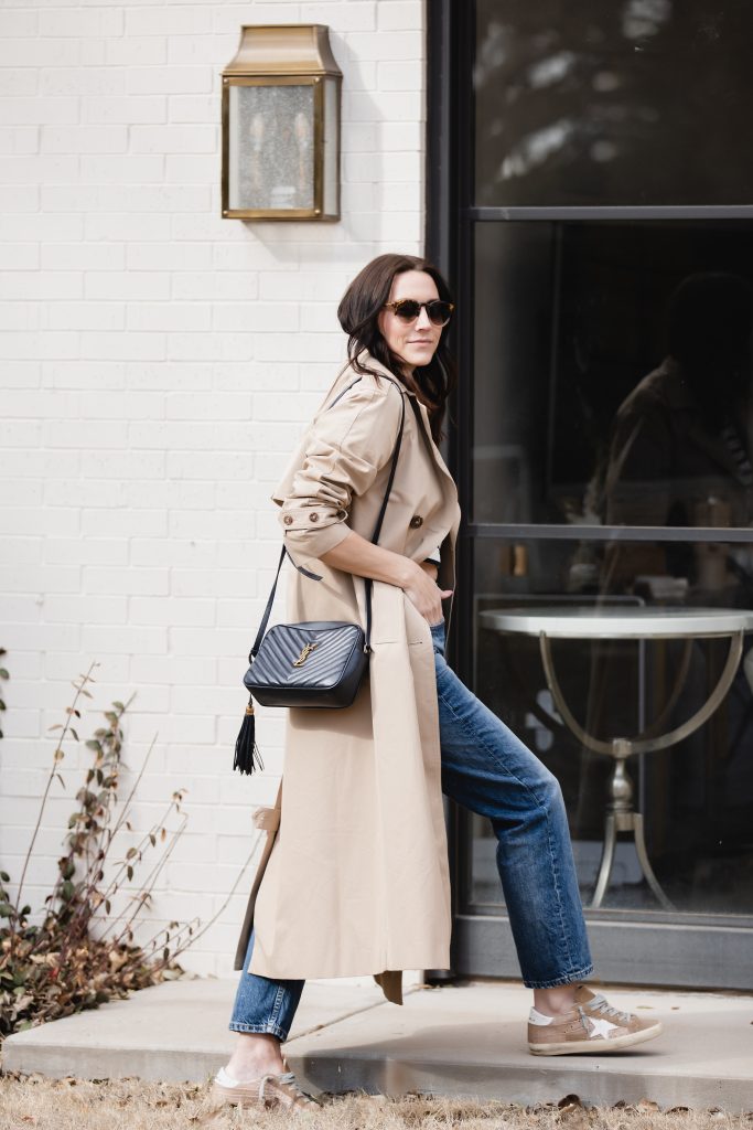 Blue Mom Jean + Trench Coat + Sneakers