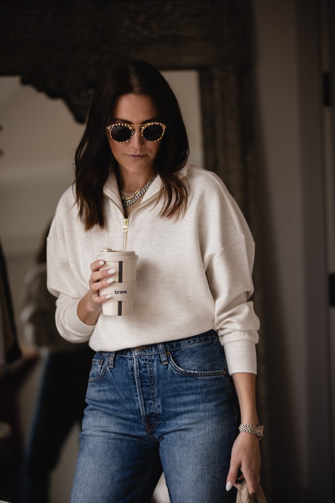 Mom Jeans + White Half-Zip Sweater