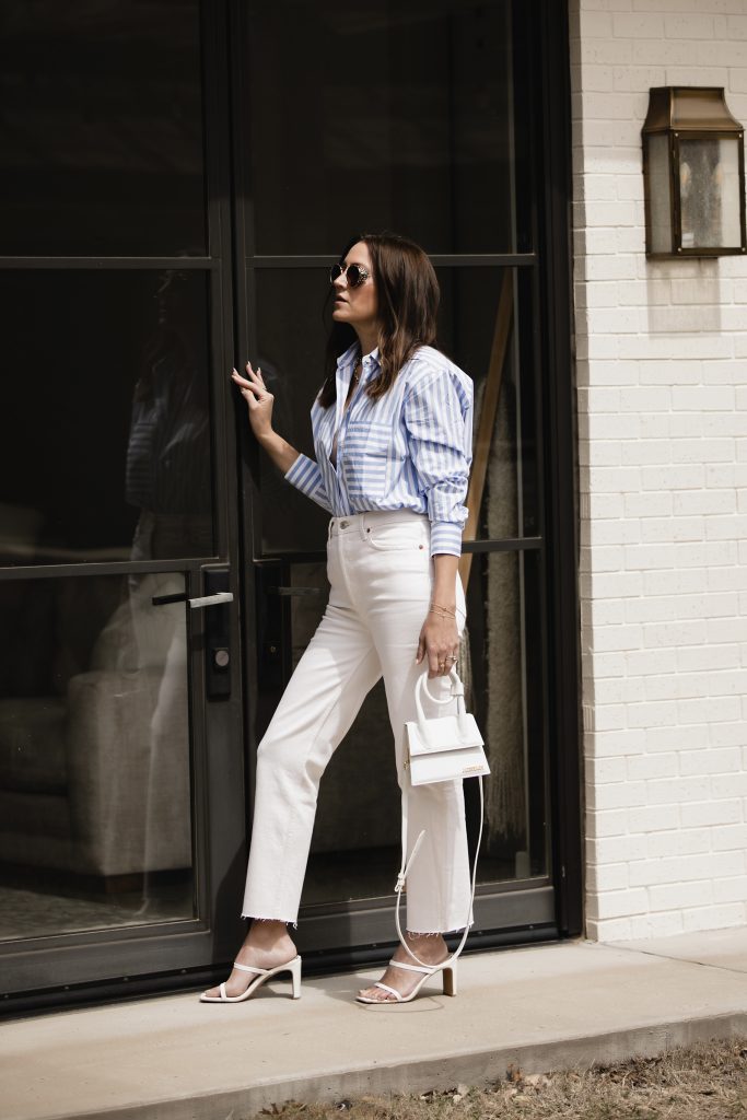 Blue & White Striped Button Up + White Jeans Outfit Idea