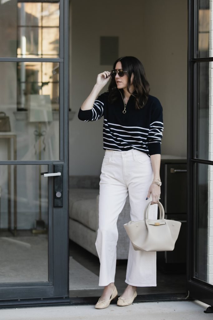 striped sweater and white jean outfit idea