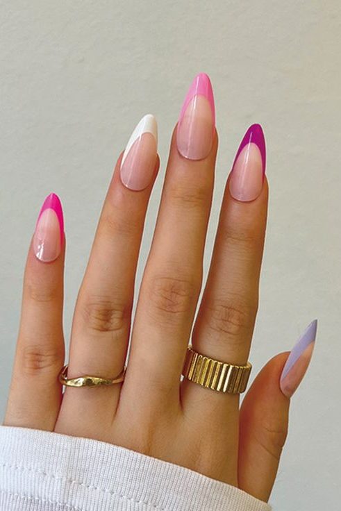 Multi Color French Tip Pink Nails