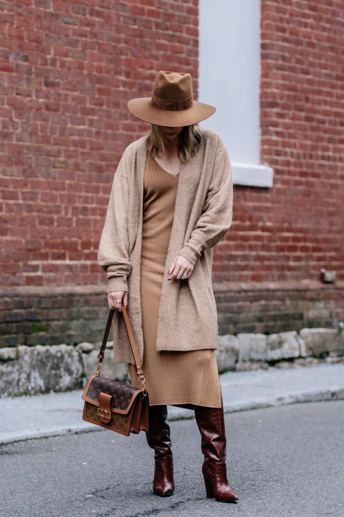 woman wearing a hat, dress, and sweater for Camel Outfits