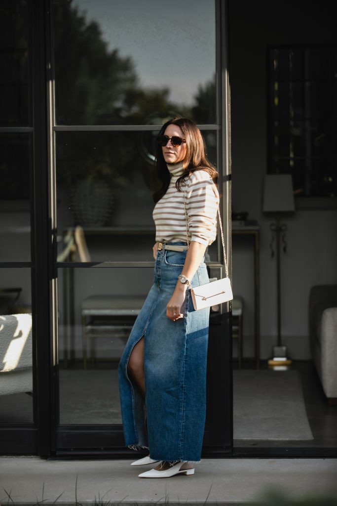 Striped Sweater + Denim Maxi Skirt Outfit 