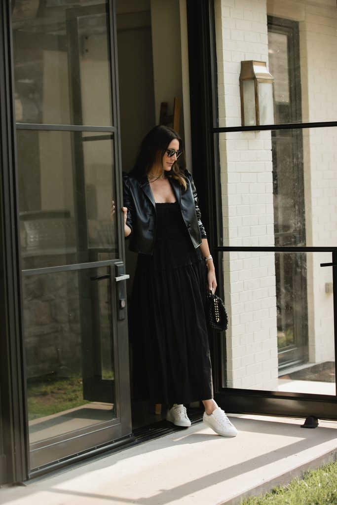 black dress and sneakers outfit