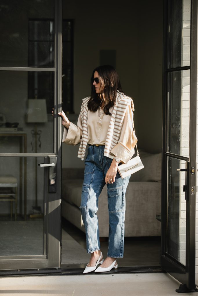 How to Style Cargo Jeans With a Silk Blouse and Sweater