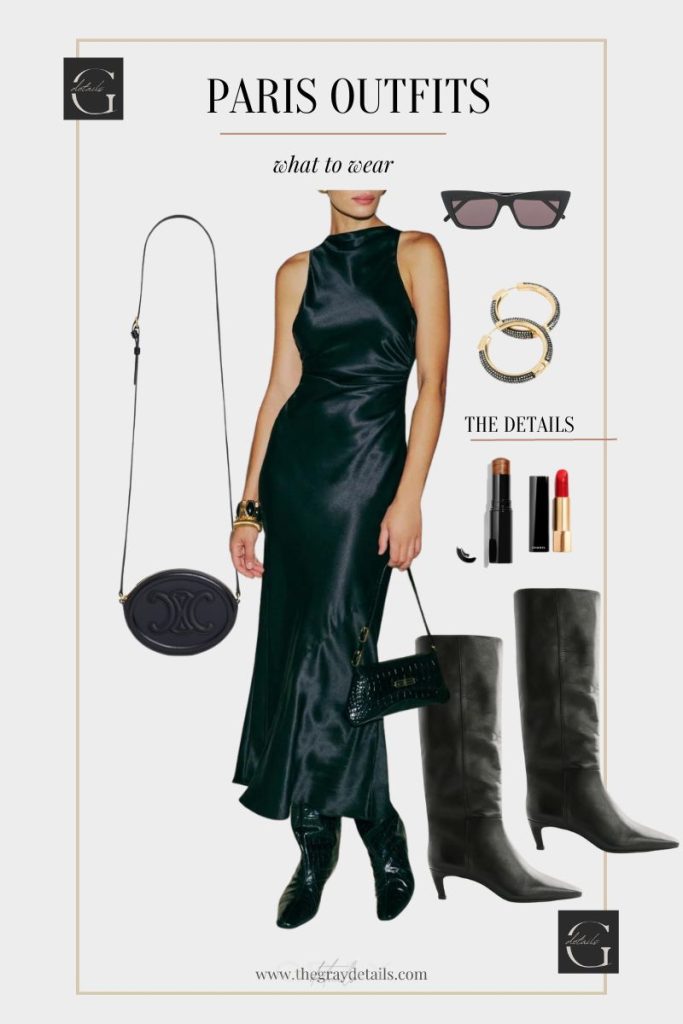Black Satin Dress + Knee Hight Boots Outfit 