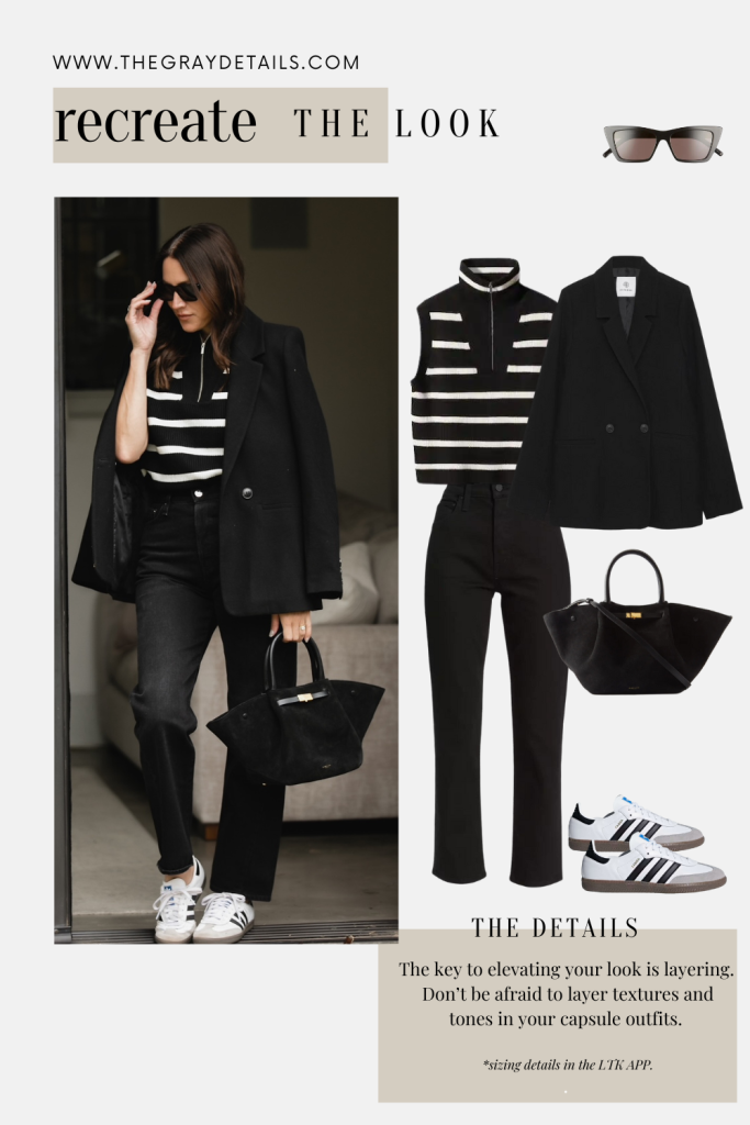 Blazer + Striped Pullover + Black Jeans Neutral Fall Outfits