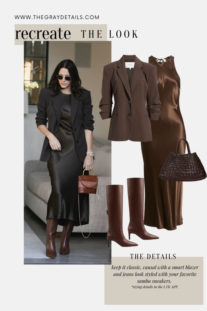 Chocolate Brown Slip Dress + Blazer Outfit