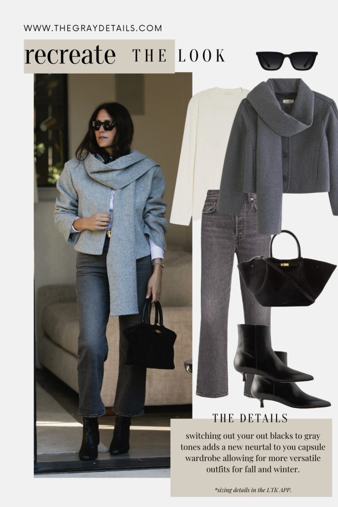Monochrome Grey Scarf Jacket + Grey Jeans Outfit