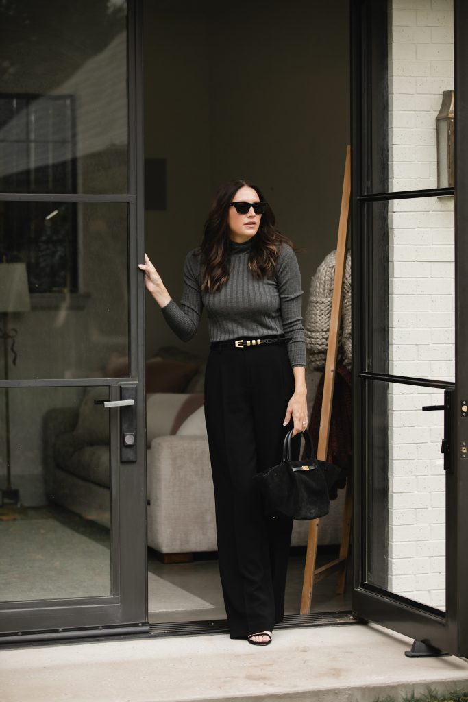Grey Ribbed Turtleneck & Black Pants Outfit