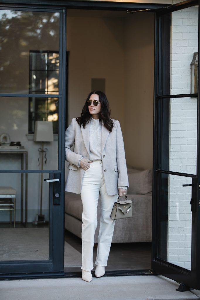 Monochrome White Jeans and Blazer Outfit Idea