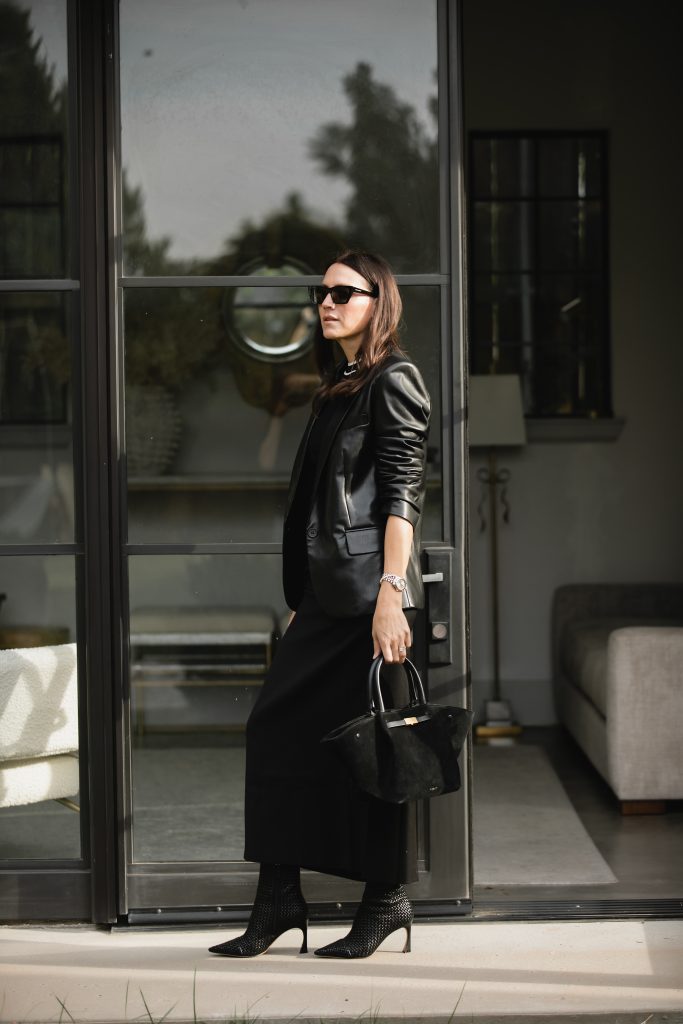Monochrome Black Dress + Leather Blazer Outfit