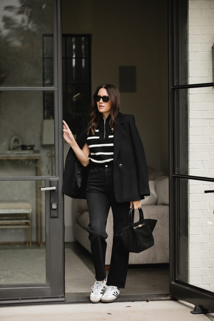 Black blazer and jeans outfit