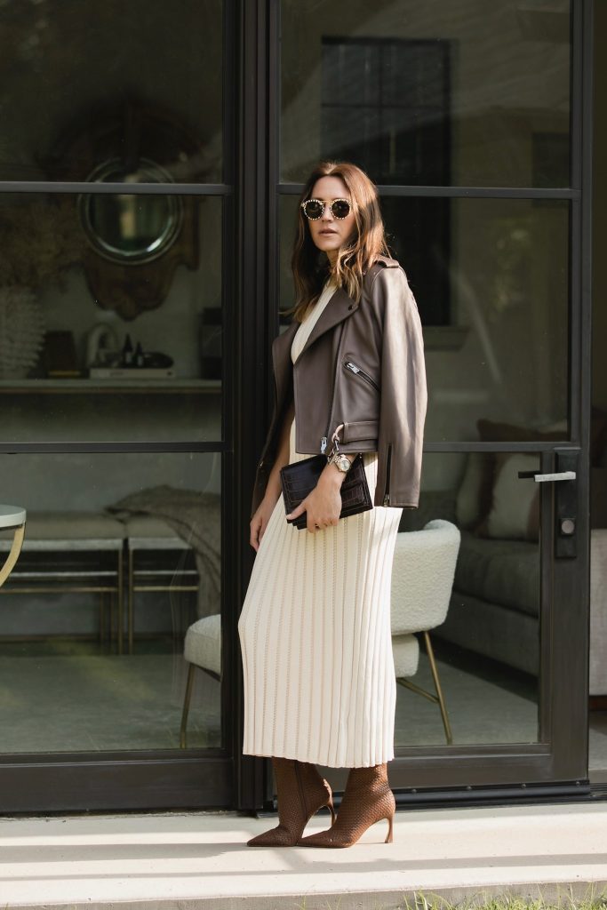 Sweater Dress and Leather Jacket Look