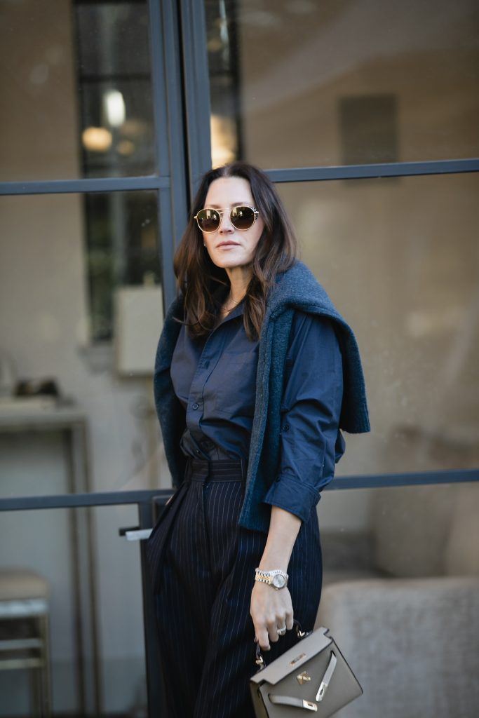 Blouse + Pinstriped Pants Outfit