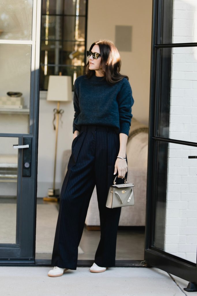 Navy Sweater + Pinstriped Pants Outfit