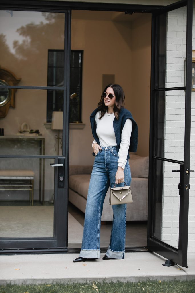 Wide Leg Jeans + Navy Sweater Outfit