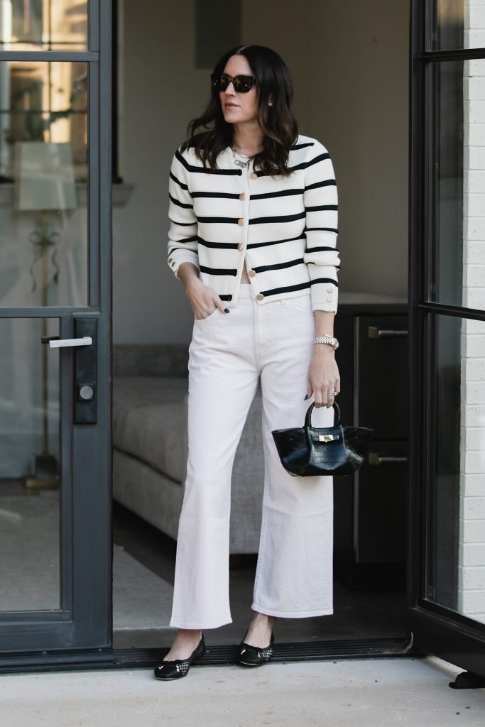 Striped Sweater cardigan with white jeans