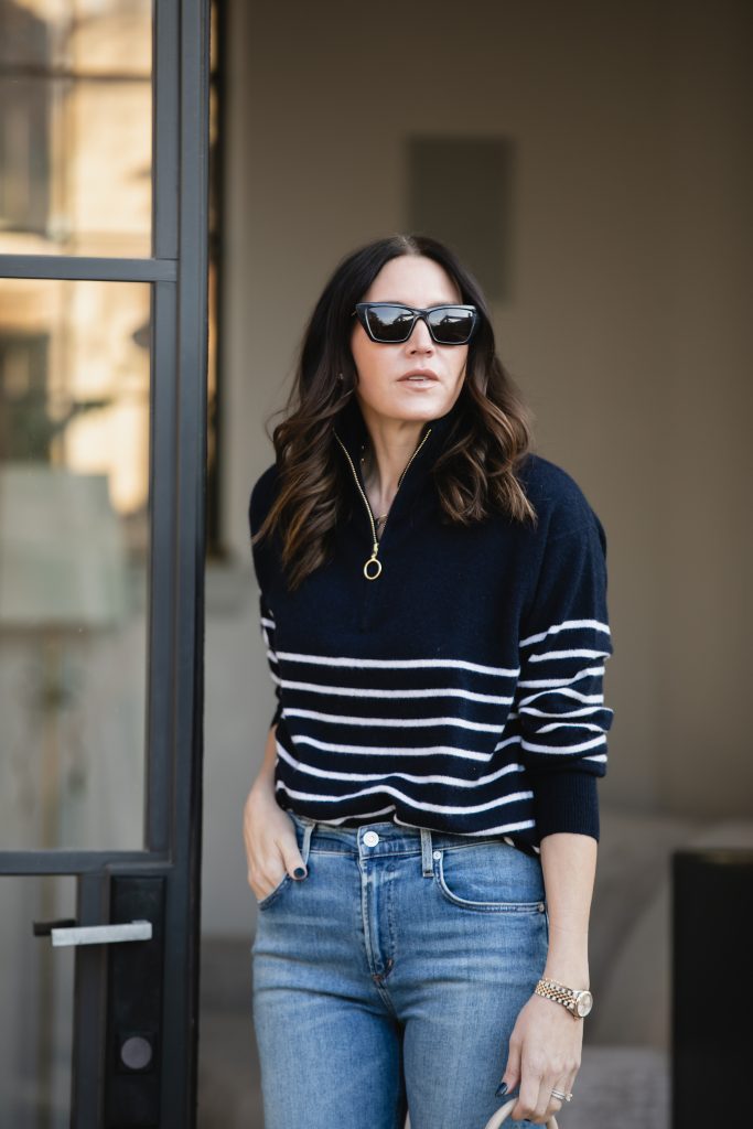 Navy Stripe Half-zip Lightweight Sweater and Jeans Outfits