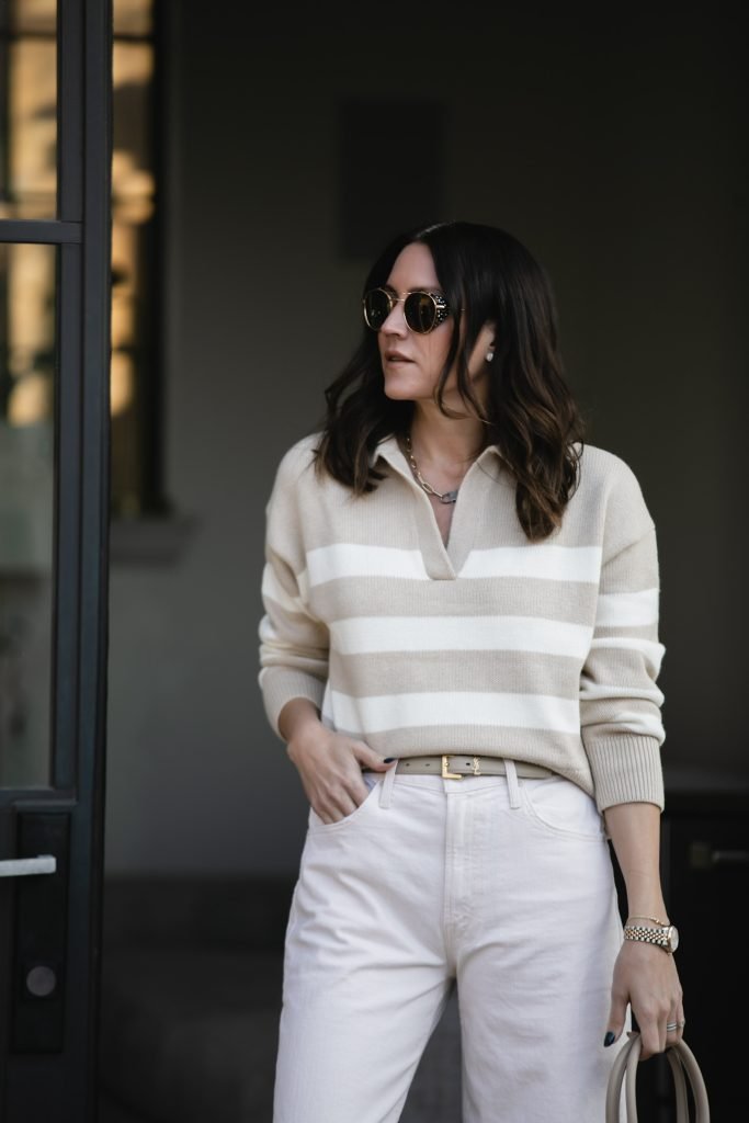 tan and white Striped Sweater Outfit