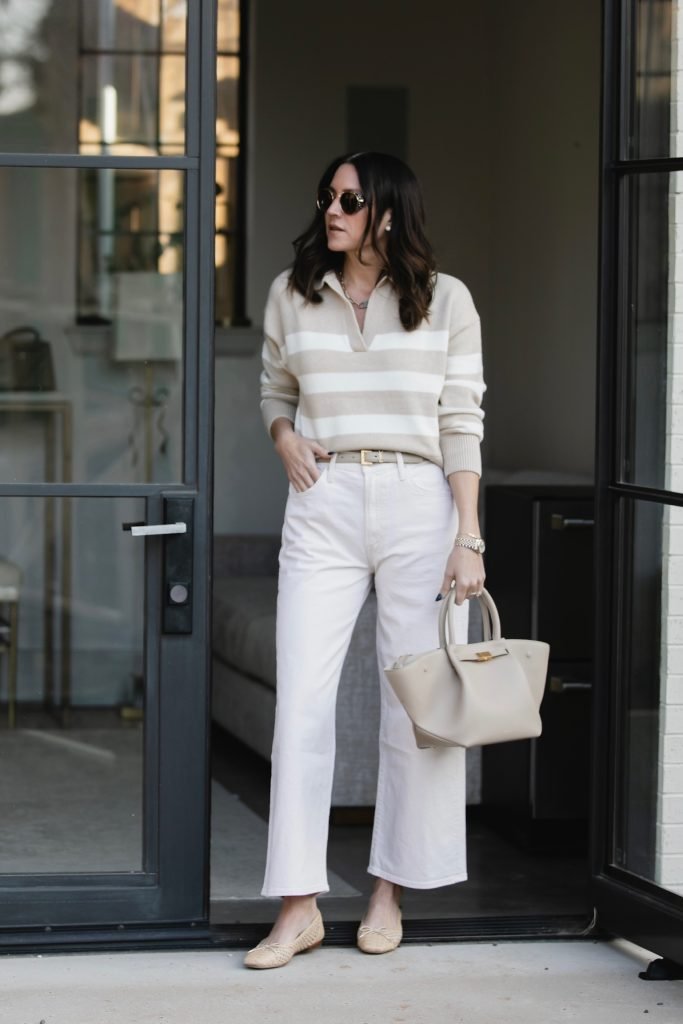 tan and white Striped Sweater Outfit