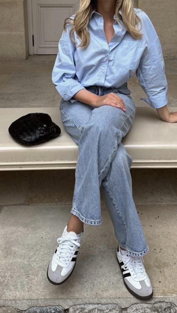 Blue Button Down Transitional Winter to Spring Outfits