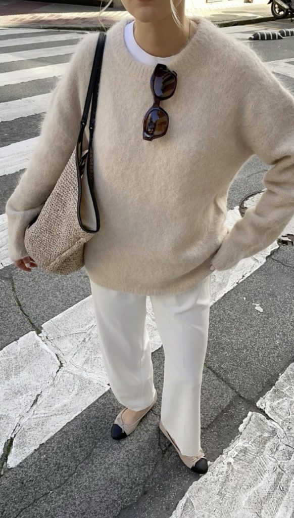 White Trousers and Ballet Flats Outfit