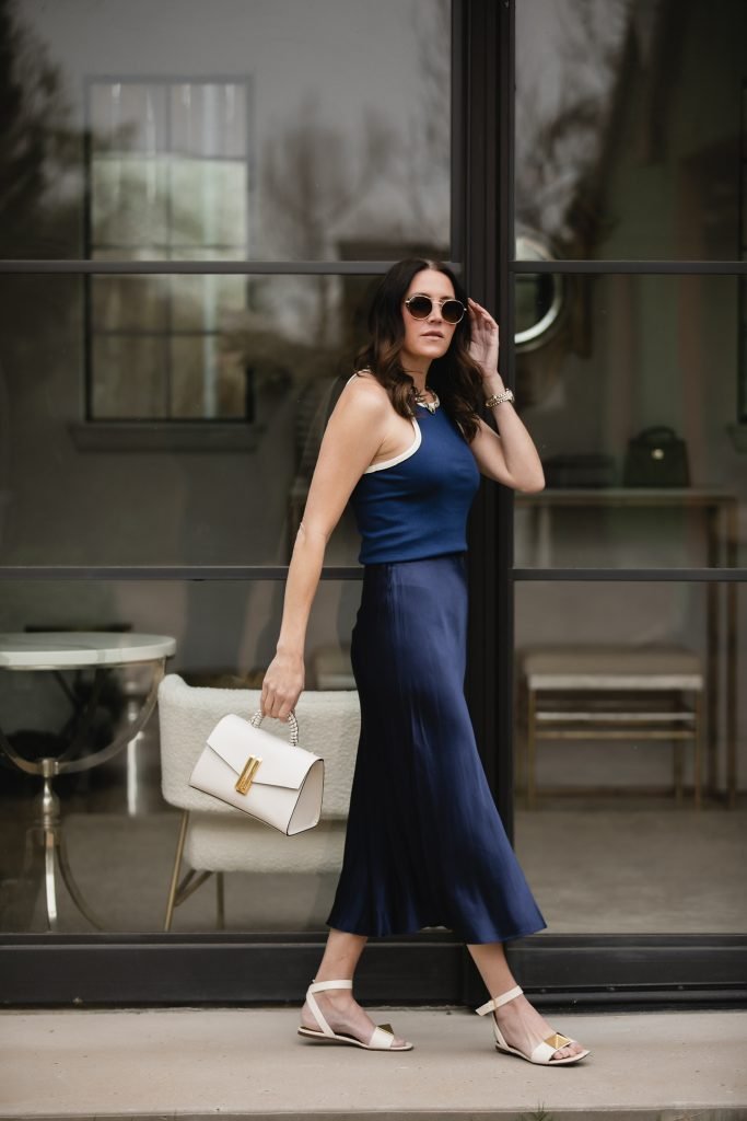 blue monochrome tank and slip skirt outfit