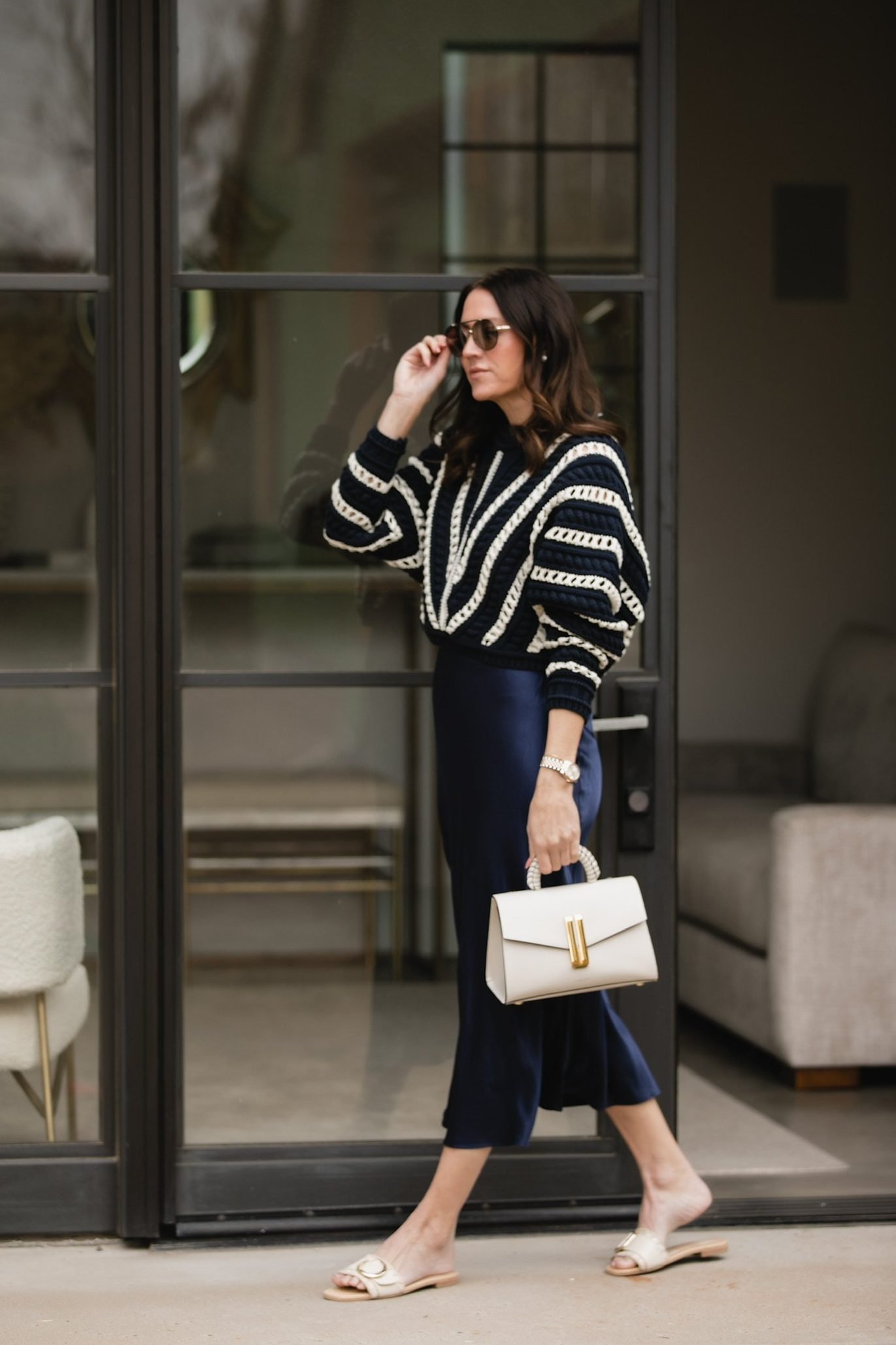 Blue and White Striped Sweater and Slip Skirt Outfit