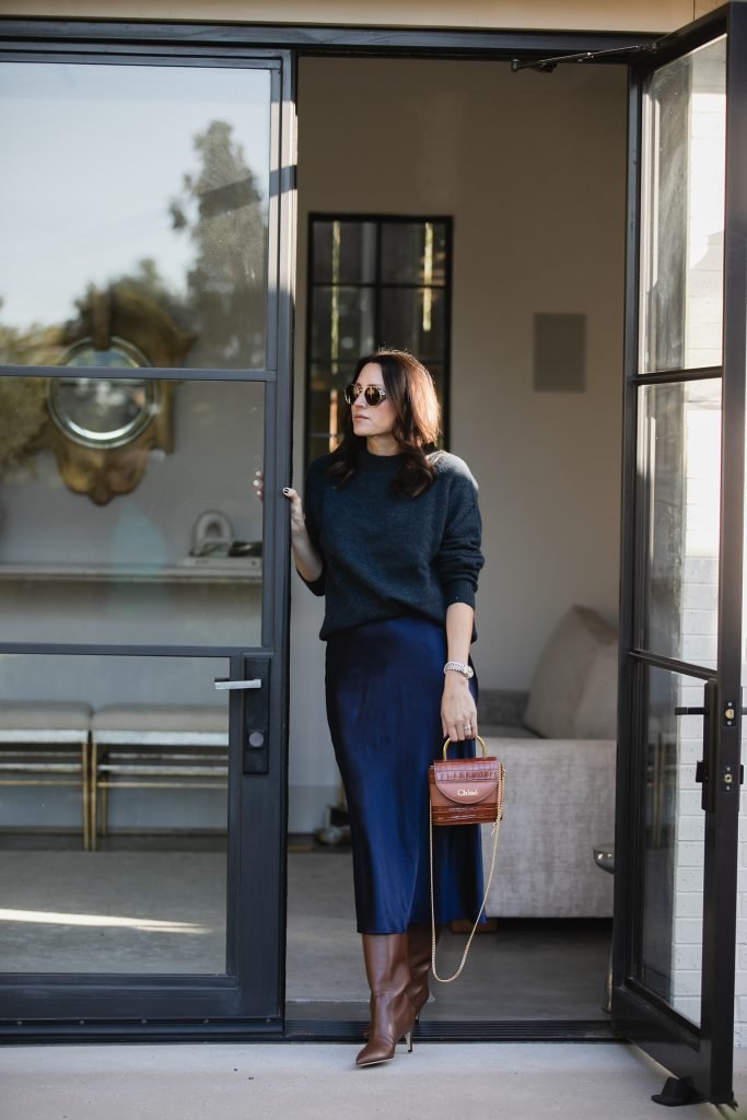 Monochrome Blue Sweater and Slip Skirt Outfit