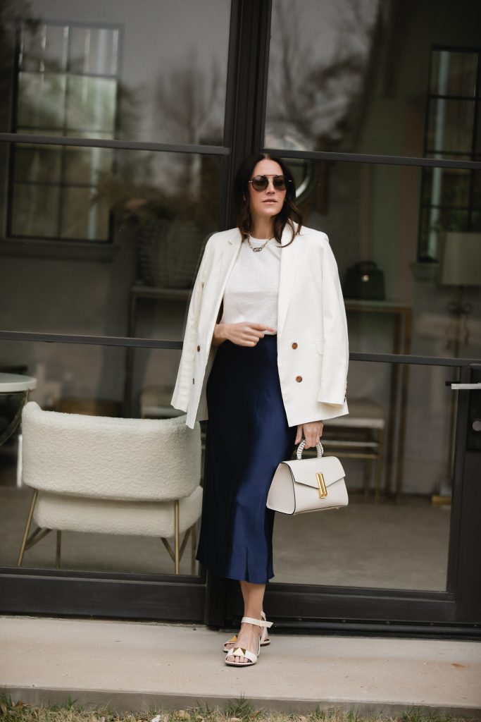 blue slip skirt and white blazer outfit