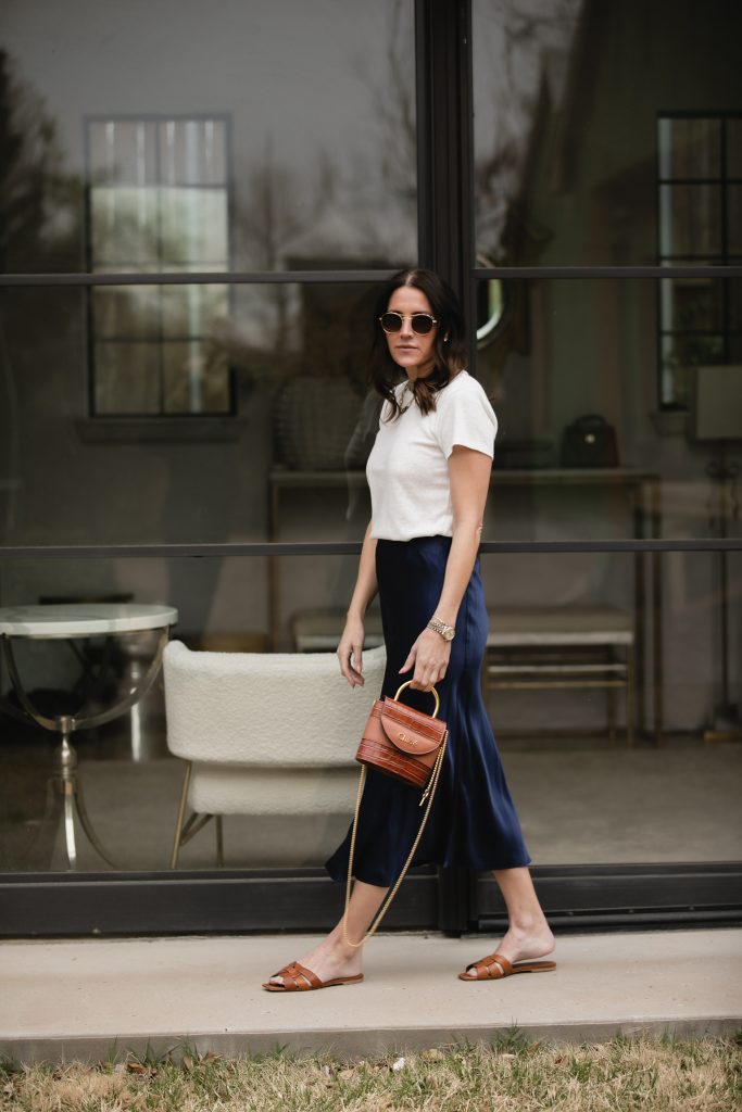 Blue Slip Skirt and White Tee Outfit