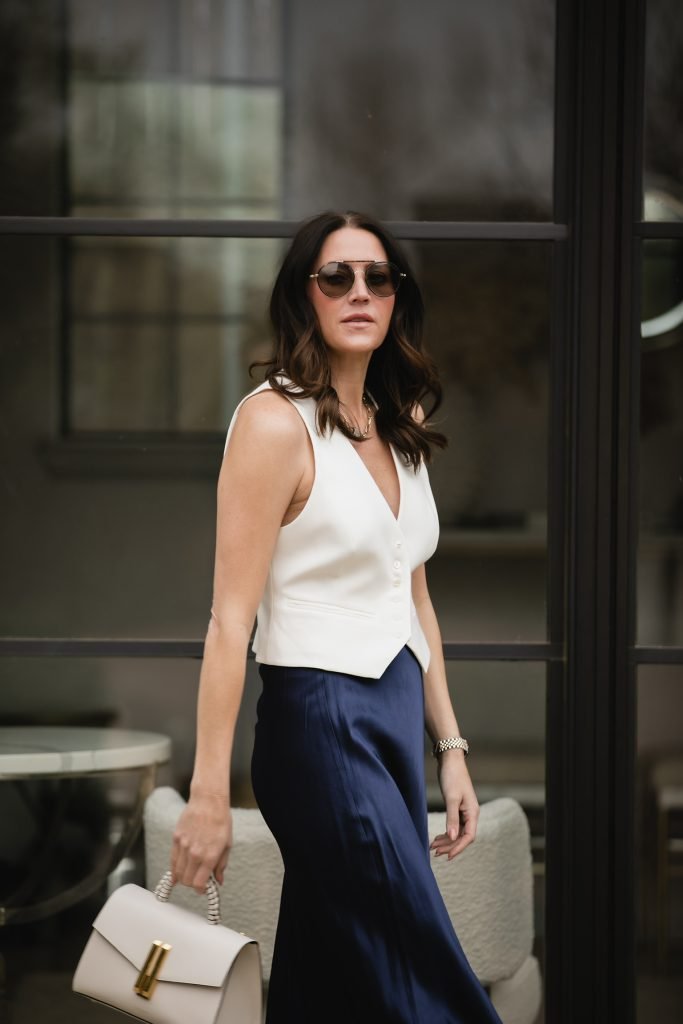 Blue Slip Skirt and White Vest Outfit