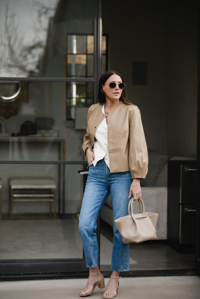 White Vest + Tan Jacket + Jeans Outfit